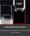 Close-up of Magenta Prestige Super Automatic Espresso Machine With 12 Custom Drink Settings, showing integrated milk carafe.