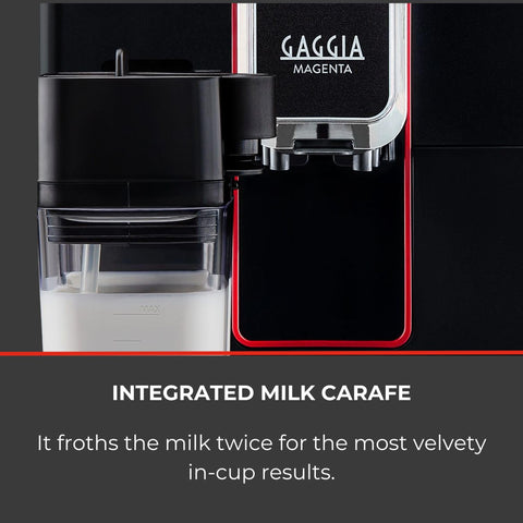 Close-up of Magenta Prestige Super Automatic Espresso Machine With 12 Custom Drink Settings, showing integrated milk carafe.