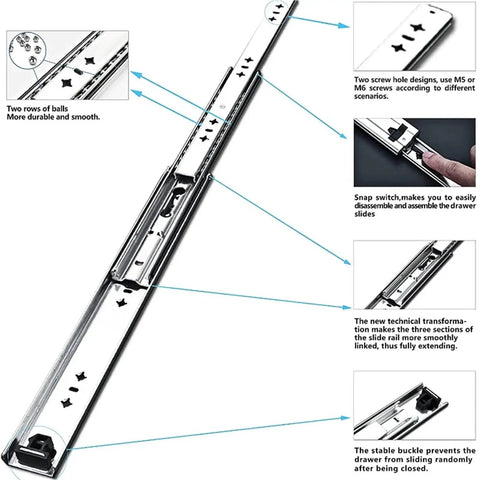 Beefy Heavy Duty Drawer Slides 400mm 16 Inch Pair With 120kg Load Capacity illustrating screw holes and snap switch details