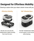 Pro Two In One Steam Cleaner Mop With Large Tank For Sixty Min Run And Fifteen Sec Warm Up showing its core unit clipped to a 360° wheeled base for easy mobility.