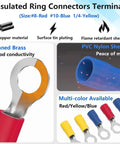 Close-up of 200 Pcs Insulated Ring Terminals Assortment Set with colors red, yellow, blue showcasing sizes M3-M6 and materials.