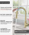 FORIOUS Gold Touch Kitchen Faucet with Pull Down Sprayer, Single Hole showing touch activation feature and water flow.
