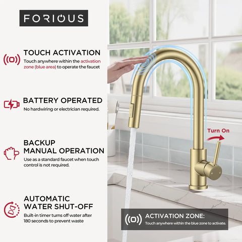 FORIOUS Gold Touch Kitchen Faucet with Pull Down Sprayer, Single Hole showing touch activation feature and water flow.