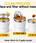 Three-step process of Beekeeping Honey Strainer Filter Set Two Piece With Double Sieve Stainless Steel Beehive Extractor Gear.