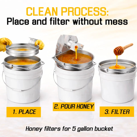 Three-step process of Beekeeping Honey Strainer Filter Set Two Piece With Double Sieve Stainless Steel Beehive Extractor Gear.