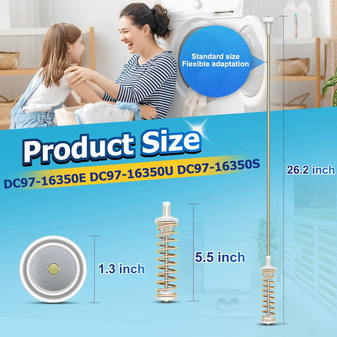 Washer Suspension Rod Replacement Kit Fits DC97-16350E DC97-16350U DC97-16350S, showing product size and compatible washer models.