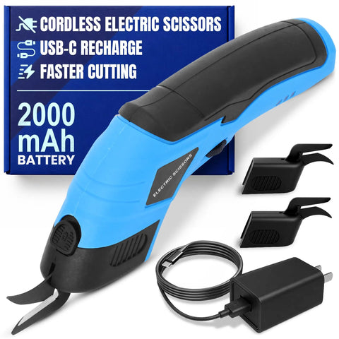 Powerful Heavy Duty Cordless Electric Scissors For Cardboard And Box Cutting With Safety Lock Rechargeable Cutter Kit Includes Two Extra Blades Protective Case Charging Cable And Manual, blue USB-C rechargeable 2000 mAh