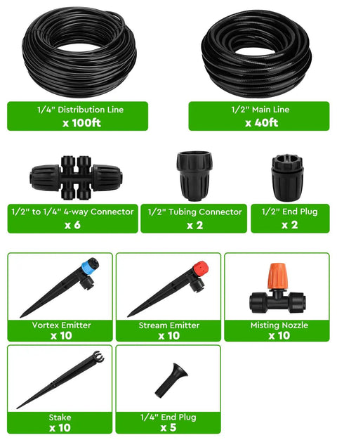 Effortless Drip Irrigation Kit With Forty Feet Of One Half Inch Mainline And One Hundred Feet Of One Quarter Inch Tubing components image