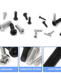Built Tough Black Carbon Steel Phillips Pan Head Machine Screws 1200 Piece Heavy Duty Tiny Bolt Assortment displayed in various sizes and colors.