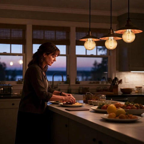 Pendant lights with 4W Dimmable Amber Globe LED Bulb With Squirrel Cage Filament, G125 Edison Style, creating cozy kitchen ambiance