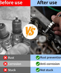 Copper anti-seize spark plug lubricant for automotive bolts and nuts; left shows spark plugs, right shows installation.