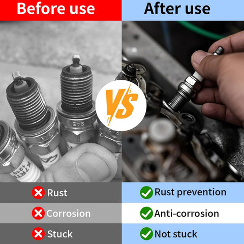 Copper anti-seize spark plug lubricant for automotive bolts and nuts; left shows spark plugs, right shows installation.
