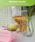 Clear Acrylic Automatic Bird Cage Feeder For Parakeets Budgies And Small Birds, No Mess Seed Dispenser Keeping Food Fresh And Dry, Birdie Approved Hassle Free Daily Setup with bird eating seeds.