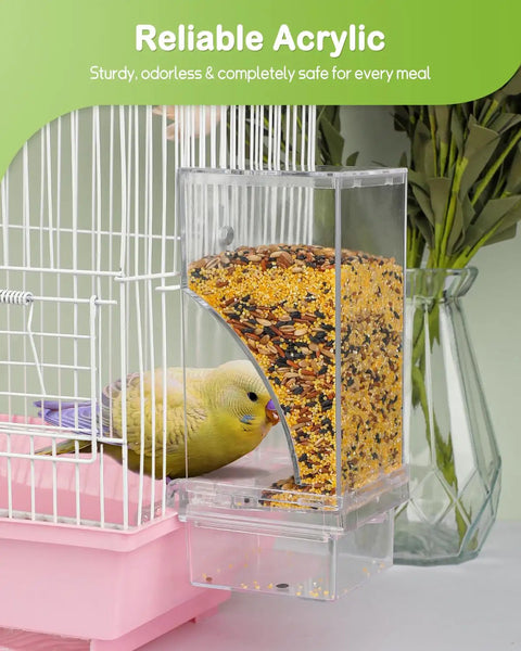 Clear Acrylic Automatic Bird Cage Feeder For Parakeets Budgies And Small Birds, No Mess Seed Dispenser Keeping Food Fresh And Dry, Birdie Approved Hassle Free Daily Setup with bird eating seeds.