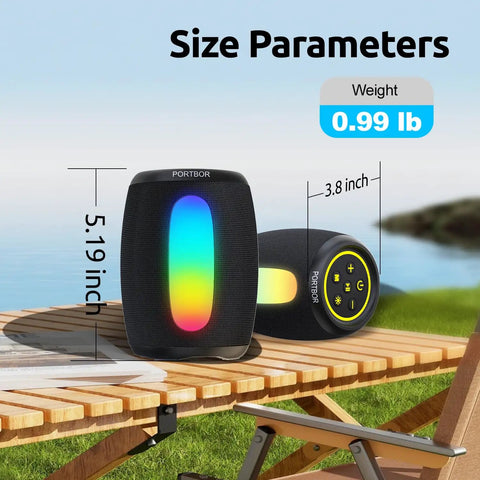 Portable Bluetooth Speaker With Loud Stereo Sound And Beastly Bass, 5.19x3.8 inch, LED lights, shown outdoors on a table