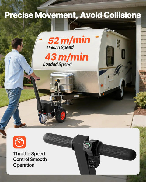 VEVOR Electric Trailer Dolly Moves 3600 Lbs With Ease showing control throttle for smooth operation and speed specs.
