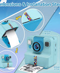 Instant Print Camera For Kids 3 To 12 Blue Inkless Selfie Toy With Printing Paper And 5 Colored Pens Great For DIY Photo Crafts Scrapbooks And Kid Friendly Gift, 10.6x13x6.8 cm