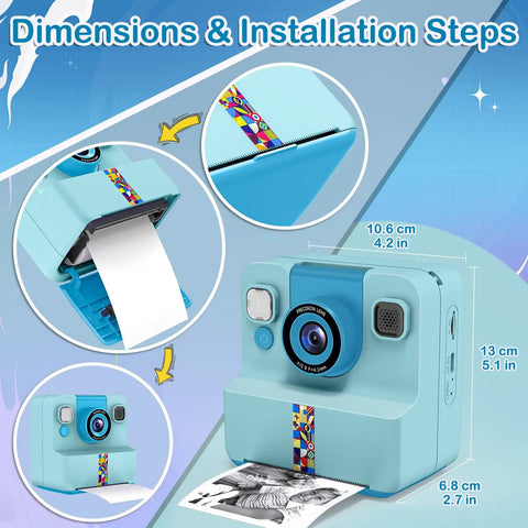 Instant Print Camera For Kids 3 To 12 Blue Inkless Selfie Toy With Printing Paper And 5 Colored Pens Great For DIY Photo Crafts Scrapbooks And Kid Friendly Gift, 10.6x13x6.8 cm