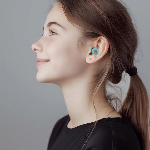 Smiling person wearing Ultra Comfortable Noise Canceling Earplugs For Sleep And Focus, Flexible Reusable Two Pack, Light Green.