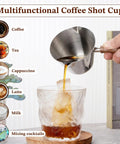 Espresso Shot Cup With Wood Handle, 6.8 Oz Stainless Steel Measuring Cup For Barista Grade Cappuccino, pouring coffee into glass