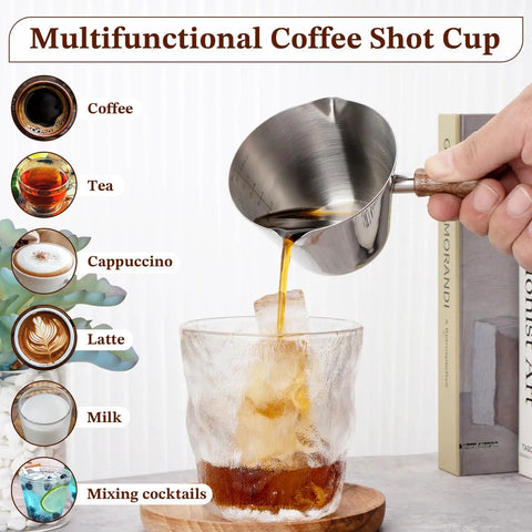 Espresso Shot Cup With Wood Handle, 6.8 Oz Stainless Steel Measuring Cup For Barista Grade Cappuccino, pouring coffee into glass