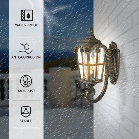 Outdoor Porch Light With Built In GFCI Outlet And Two Outlets Black Roman Aluminum Wall Sconce With Water Glass For Front Door Or Garage Entryway Dusk To Dawn Exterior Lighting Farmhouse Style on rainy wall