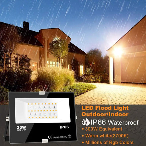 Slick Smart Bluetooth LED Flood Light Outdoor And Indoor 30 Watt Equivalent To 300 Watts RGB Color Changing Landscape Bulb With Phone App Control 16 Million Hues 23 Vibe Modes Timing Setting For Backyard Yard Security