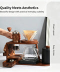 Next Level Pour Over Coffee Station And Complete Eight Piece Brewing Kit With Gooseneck Kettle Manual Ceramic Burr Grinder Large Glass Server And Solid Wood Rack for an organized coffee setup.