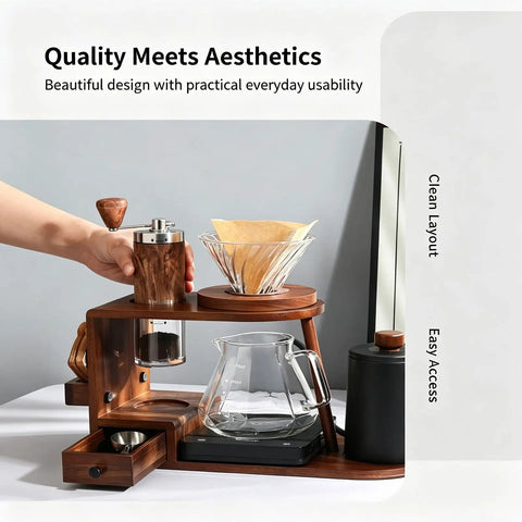 Next Level Pour Over Coffee Station And Complete Eight Piece Brewing Kit With Gooseneck Kettle Manual Ceramic Burr Grinder Large Glass Server And Solid Wood Rack for an organized coffee setup.