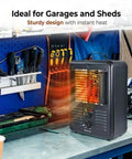 Milkhouse Style 1500W Utility Space Heater For Garage And Workshop Portable Electric Heater on workbench in garage