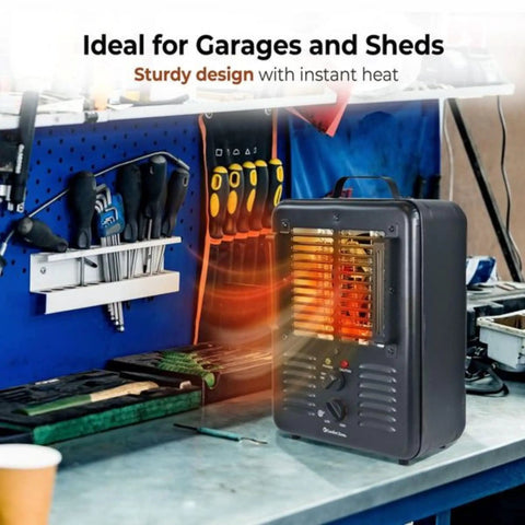 Milkhouse Style 1500W Utility Space Heater For Garage And Workshop Portable Electric Heater on workbench in garage