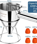Smooth Pour 40 Oz Stainless Steel Pancake Batter Dispenser And Multi Nozzle Kitchen Funnel with measurement details.
