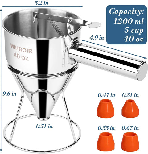 Smooth Pour 40 Oz Stainless Steel Pancake Batter Dispenser And Multi Nozzle Kitchen Funnel with measurement details.