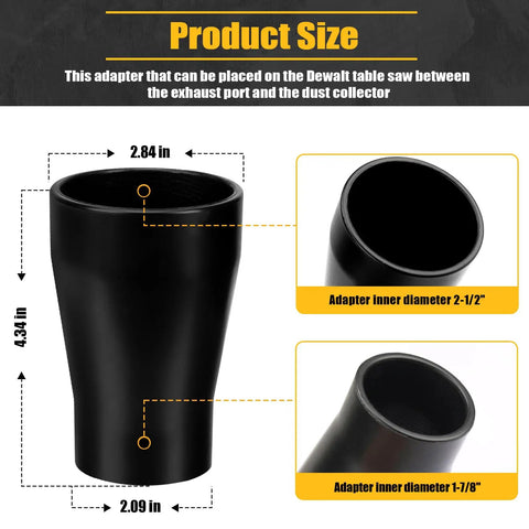Table Saw Vacuum Adapter Universal Dust Collection Attachment showing dimensions and compatibility details
