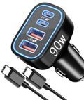 90W 4 Port USB C Car Charger With 3Ft Cable Ultra Fast PD 3.0 Charging Hub For Galaxy S26 S25 S24 S23 S22 Ultra And iPhone 17 Pro Max 16 Pro Max 15 Pro Max Android Phones Type C Fast Charge Cable Included, shown with 3 USB ports and charging cable