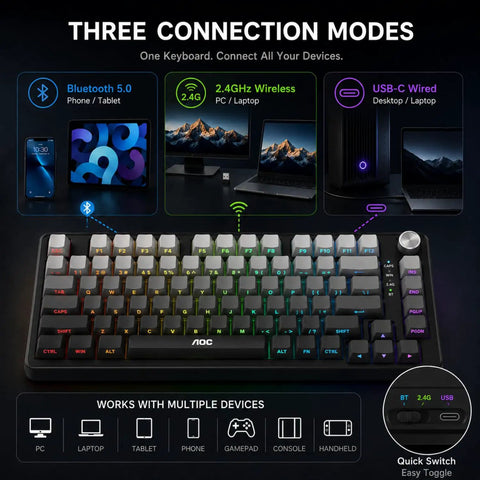 Slick 75 Percent Wireless Mechanical Gaming Keyboard With Hot Swappable Keys And Dope Dynamic RGB Lighting showing connection modes.