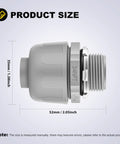 Side view of 3/4-inch liquid tight NPT connector with measurements Ten Pack Three Quarter Inch Liquid Tight NPT Non-Metallic Connectors For PVC Electrical Flexible Conduit Fittings UL Listed For Outdoor Use Grab-And-Go No Fuss Easy Snap In Install Durable Safe And Weather Ready