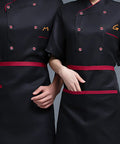 Personalized Chef Coat Custom Embroidered Name Dual Button Kitchen Jacket Pro Level Grind Heavy Cotton Build, black with red accents