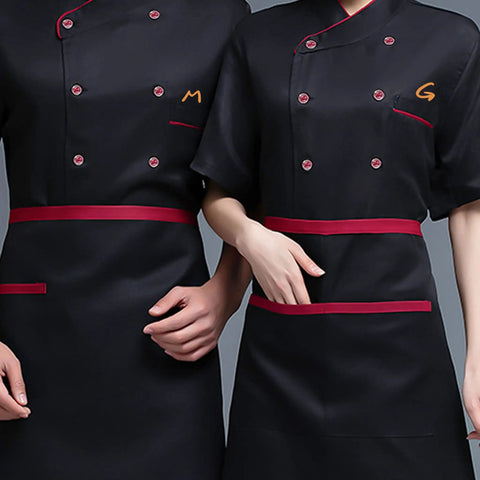 Personalized Chef Coat Custom Embroidered Name Dual Button Kitchen Jacket Pro Level Grind Heavy Cotton Build, black with red accents