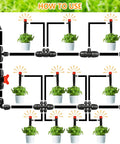 Diagram showing Half Inch Drip Irrigation Fittings Kit With Barbed Locking Nuts For One Half Inch Tubing watering plants.