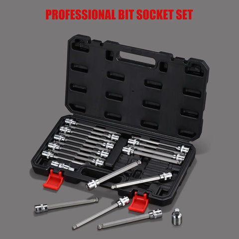 Three Eighths Inch Drive Long Ball End Hex Socket Set, Twenty Piece SAE And Metric Allen Bits in black case with red latches