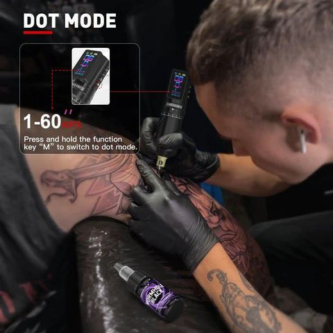 Artist using Cordless Tattoo Gun With 2300mAh Battery in dot mode on a detailed arm tattoo.