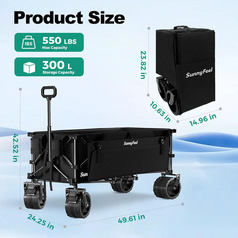 Beefed Up Heavy Duty Foldable Wagon Cart With 300L Storage And 550 Lb Capacity 49 Inch Long Utility Wagon dimensions shown
