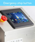 Liquid Filling Machine For Viscous Pastes And Sauces With Digital Metering No Sweat Bottle Packing display with emergency stop button.