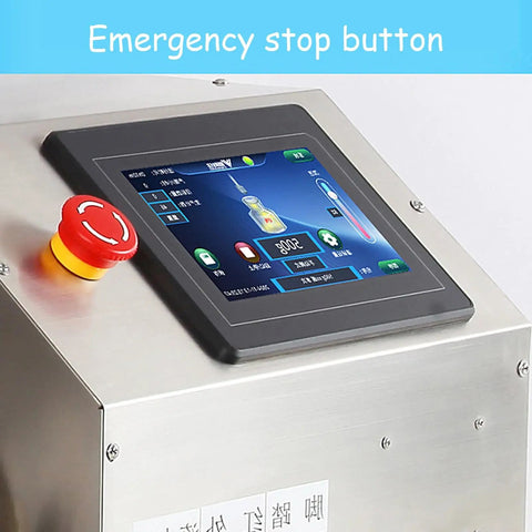 Liquid Filling Machine For Viscous Pastes And Sauces With Digital Metering No Sweat Bottle Packing display with emergency stop button.