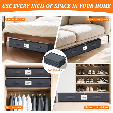 Solid Soft Fabric Under Bed Storage Containers Real Deal 90 Liter Capacity Heavy Duty Bedroom Organizers Big Time Space Saver For Winter Jackets And Blankets Super Roomy Four Pack Gray
