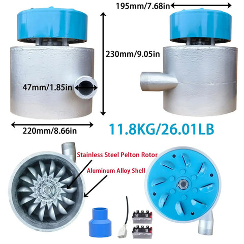 3KW Portable Micro Hydroelectric Generator For Off Grid Living And Camping 110V 220V Dual Voltage Aluminum Alloy Housing Built Tough Delivers Power On Tap Anywhere You Go Everyday Use with dimensions and components.