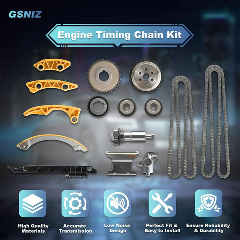 Timing Chain Kit With Tensioner Crank Sprocket Shaft And Guide Rail For Buick Regal LaCrosse Verano And Chevy Equinox Malibu GMC Terrain Pontiac 2.0L 2.2L 2.4L Replacement 9-4201S components layout against blue background