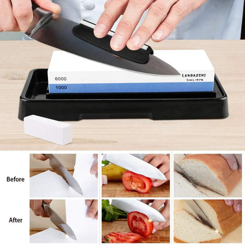Person using Pro-Grade Knife Sharpening Stone Set With Dual Sided 1000/6000 Grit Waterstone, Angle Guide, Non-Slip Base Holder