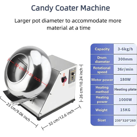 Pro Grade Commercial Sugar Coating Machine For Food Production With Zero Hassle Speed Control And Ultra Quiet Motor For Perfect Candy Chocolate Glaze And Lightning Fast Drying, showing stainless steel candy coater with 30cm pot diameter.